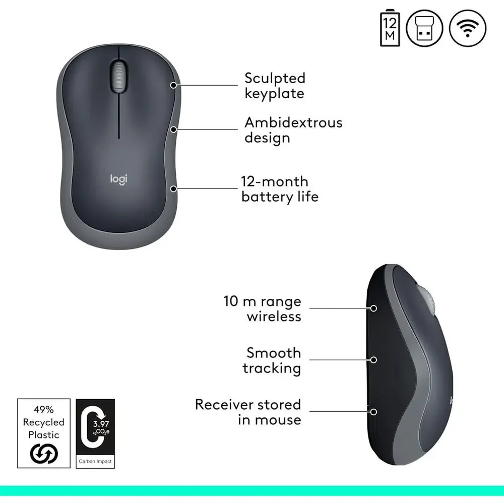 Logitech M185 Wireless Mouse - 2.4 GHz w/ USB Receiver, 1000 DPI Optical Track